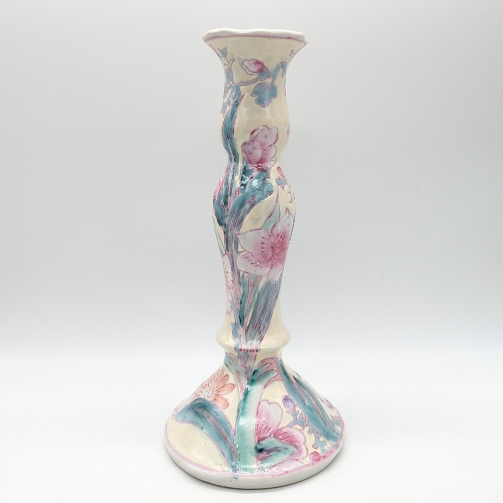 Vintage White Blue Pink Porcelain Floral Tall Candlestick Holder